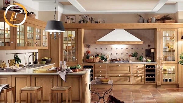 Mẫu nội thất phòng bếp gỗ tự nhiên cổ điển đẹp không rời mắt