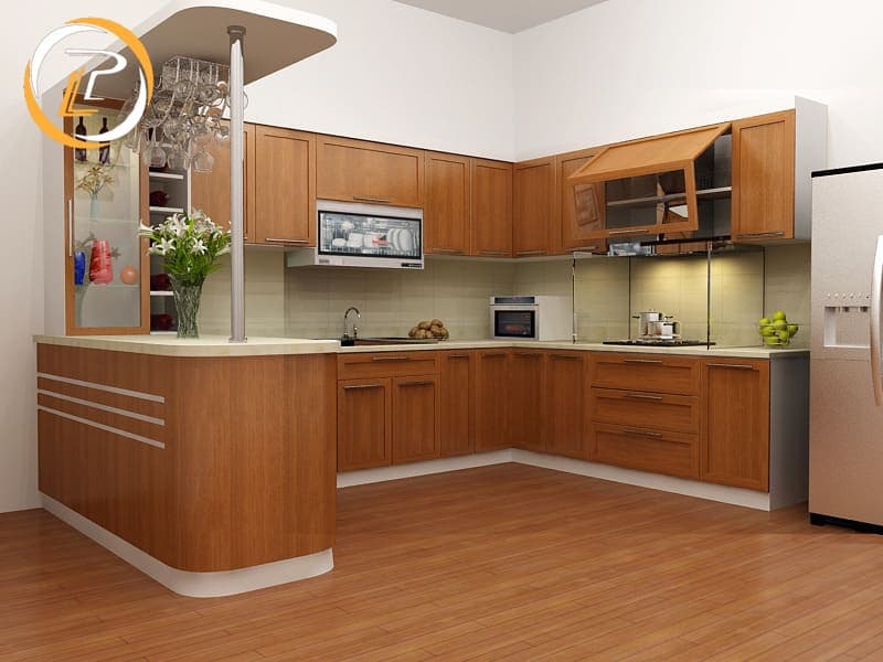 Mẫu nội thất phòng bếp gỗ tự nhiên cho chung cư đẹp, bền