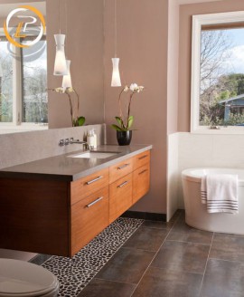 Mẫu nội thất phòng tắm gỗ công nghiệp đơn giản cho không gian thông thoáng